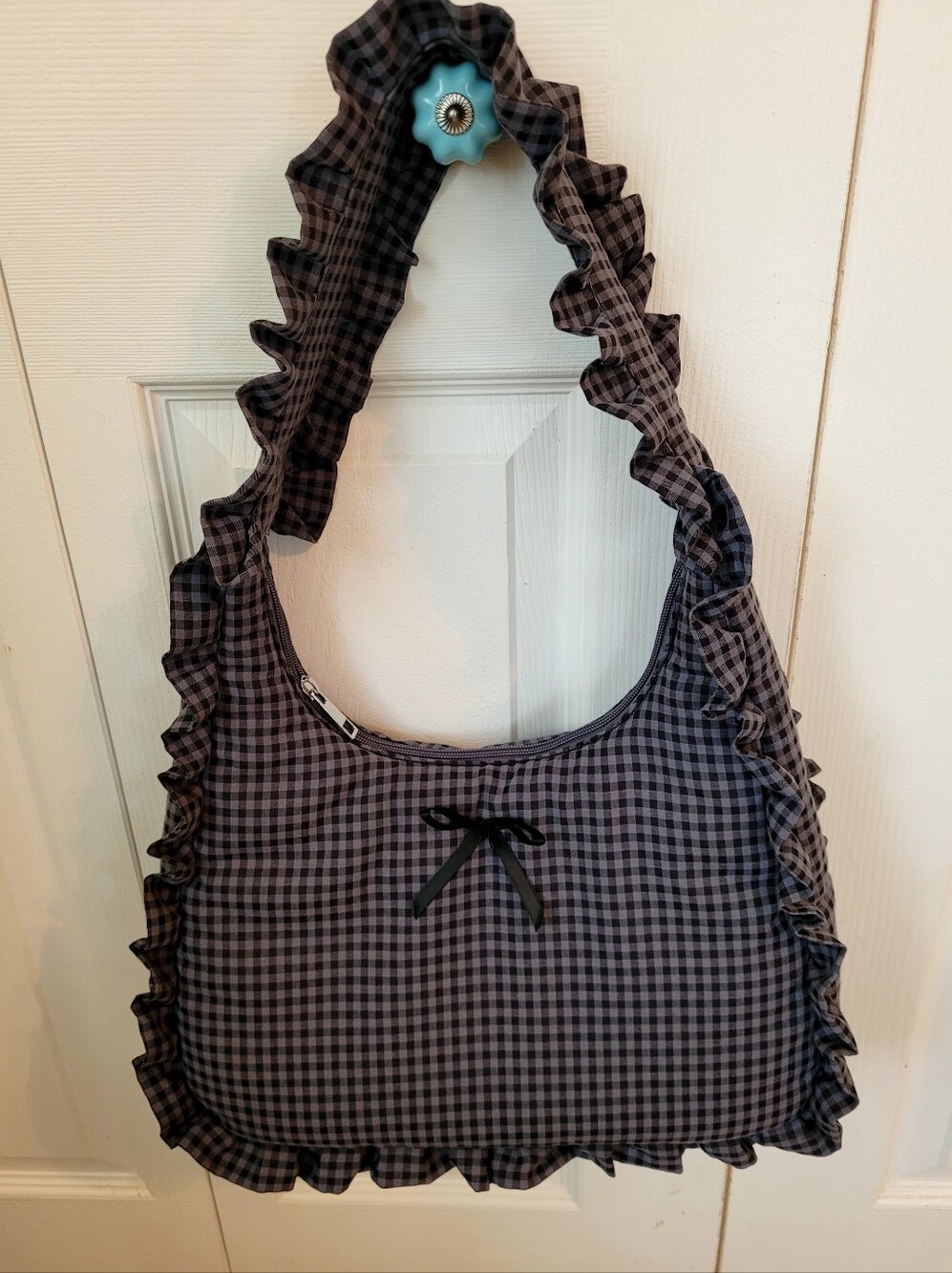 Ruffled Gingham Shoulder Bag in Black and Gray